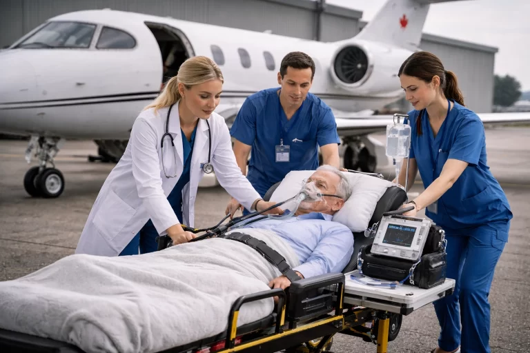 medical patient being transported to the airplane