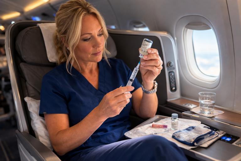 flight nurse preparing medication while seated in an airplane