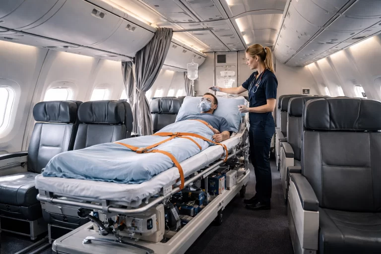 nars na nagbabantay sa pasyente sa commercial airplane stretcher