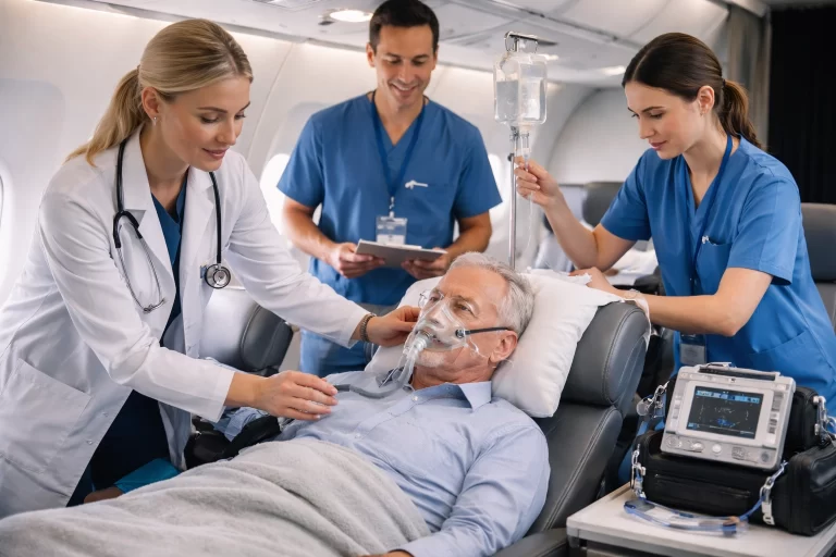 patient on a medical flight with medical crew