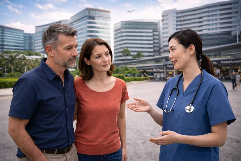 asian nurse talking to Canadian couple