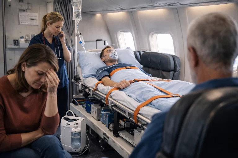 一名患病病人与家人和一名护士一同乘飞机旅行。